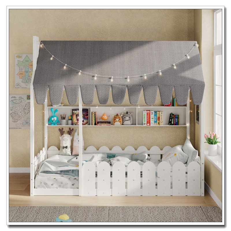 Lit au sol avec garde-corps, tente, lumières et 3 tablettes de rangement, Lit simple, Blanc