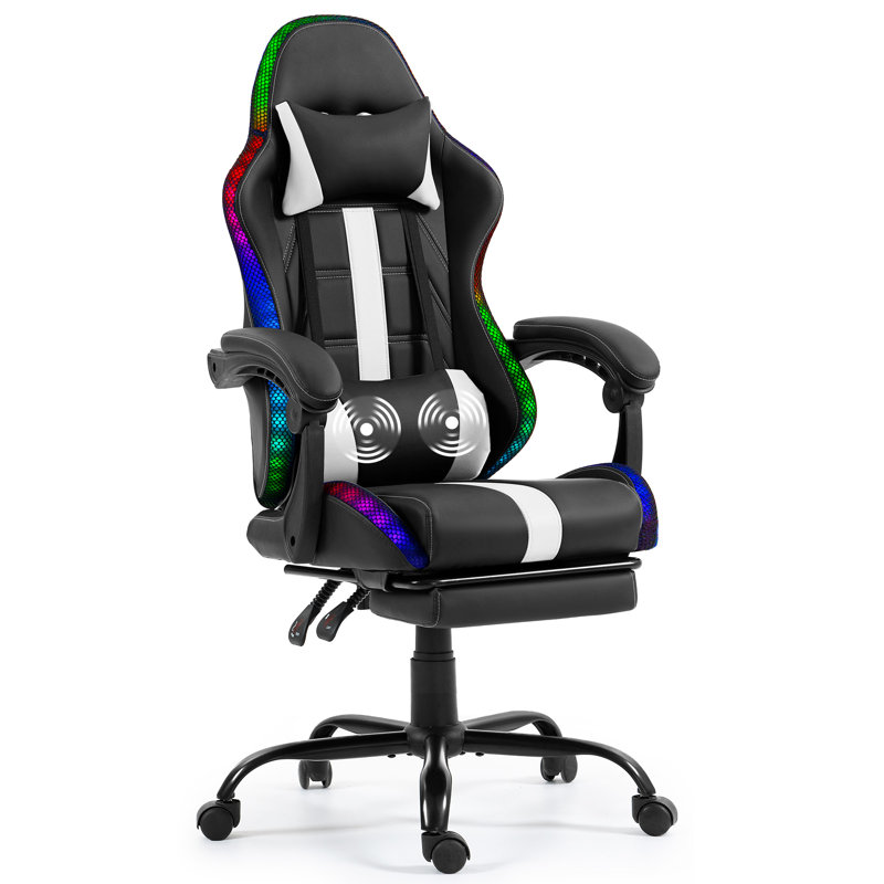 Massage Gaming Chair With RGB LED & Footrest, White/Black