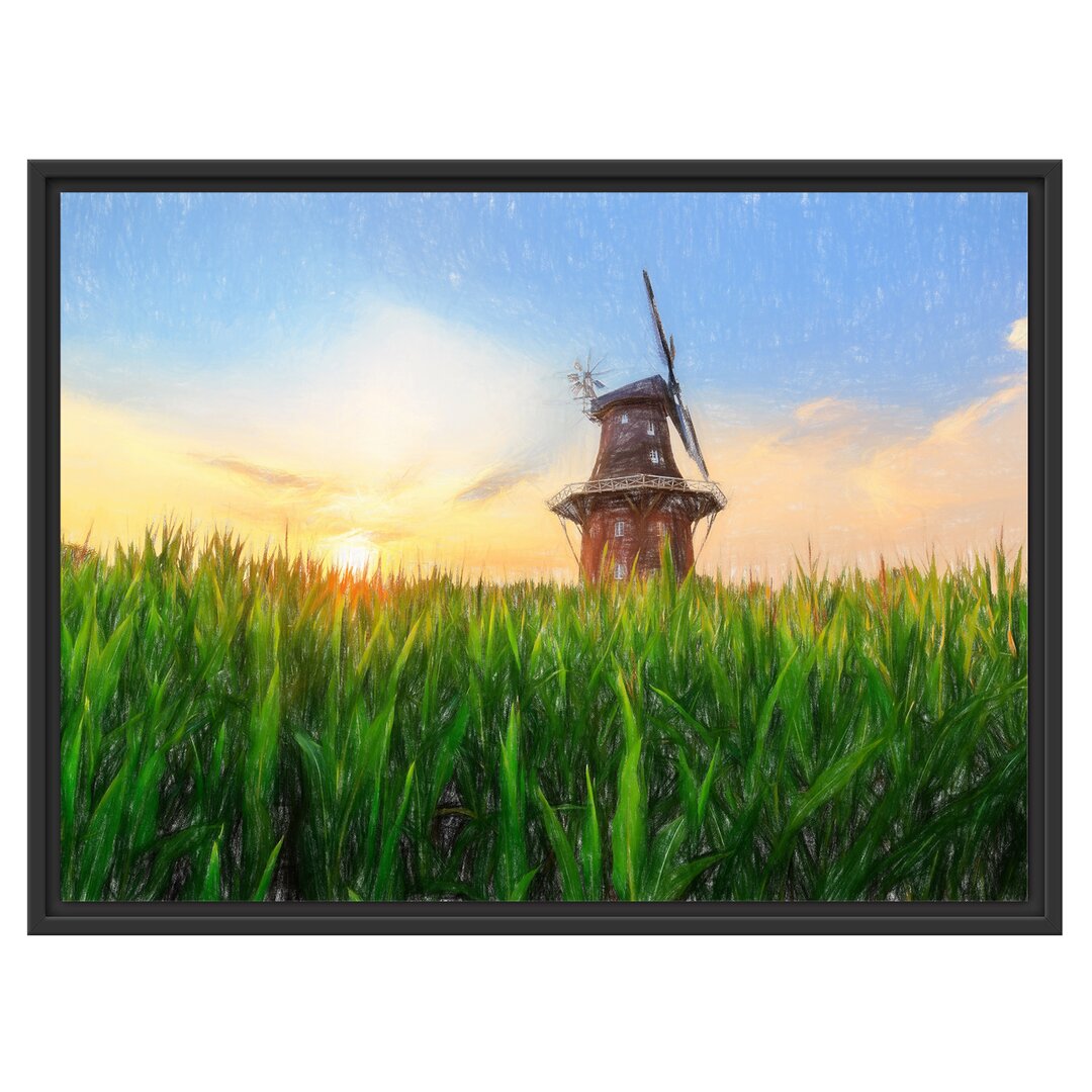 Gerahmtes Wandbild schöne Windmühle auf dem Feld