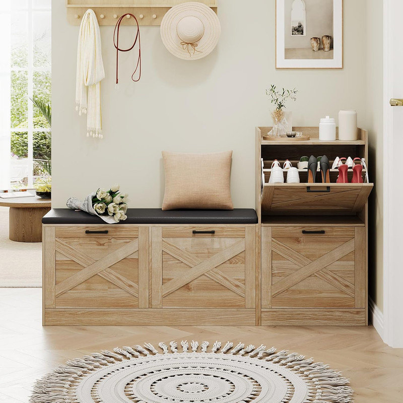Farmhouse Shoe Storage Bench with 4 Flip Drawers & Cushion - Entryway Bench for Foyer Hallway, Natural