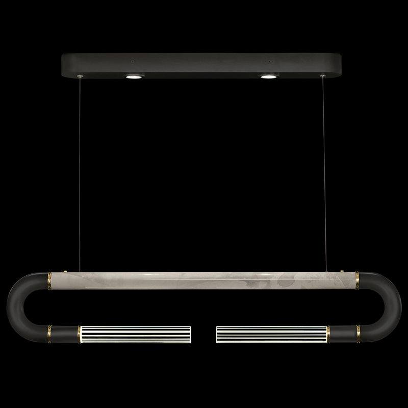 Luminaire suspendu linéaire avec peau Antonia, Noir / laiton / fumée