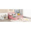 Lit plateforme rose en bois pleine grandeur avec garde-corps doubles et 2 tiroirs de rangement-195740987-195740988