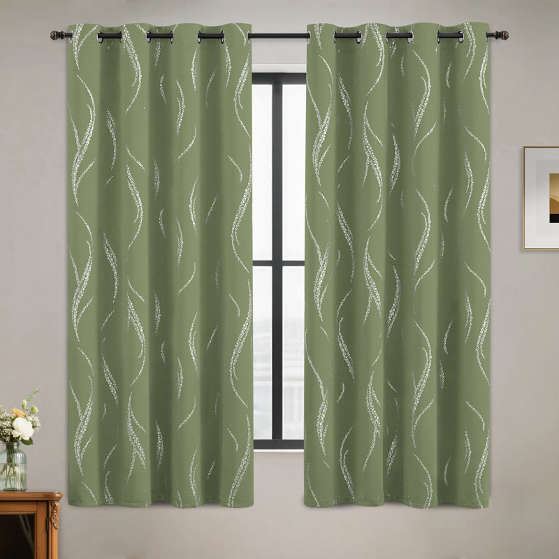 100% Blackout Thermal Insulated Curtains - Wave Line with Dots Silver Print, Grommet Top, 2 Panels, 52" W x 96" H, Sage