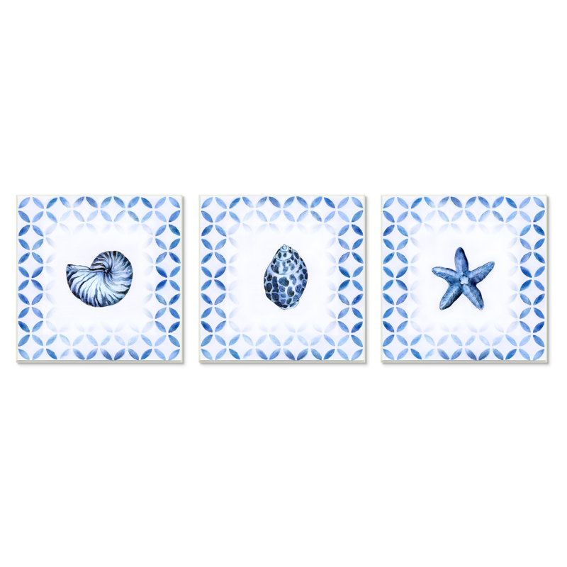 Nautilus, spirale, coquille d'étoile de mer, bleu, aquatics, cercle, ensemble de 3 impressions, Plaque murale