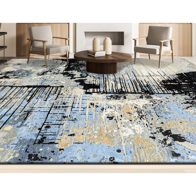 Tapis bleu / gris / noir noué à la main de haute qualité, Rectangle 6 pi x 9 pi