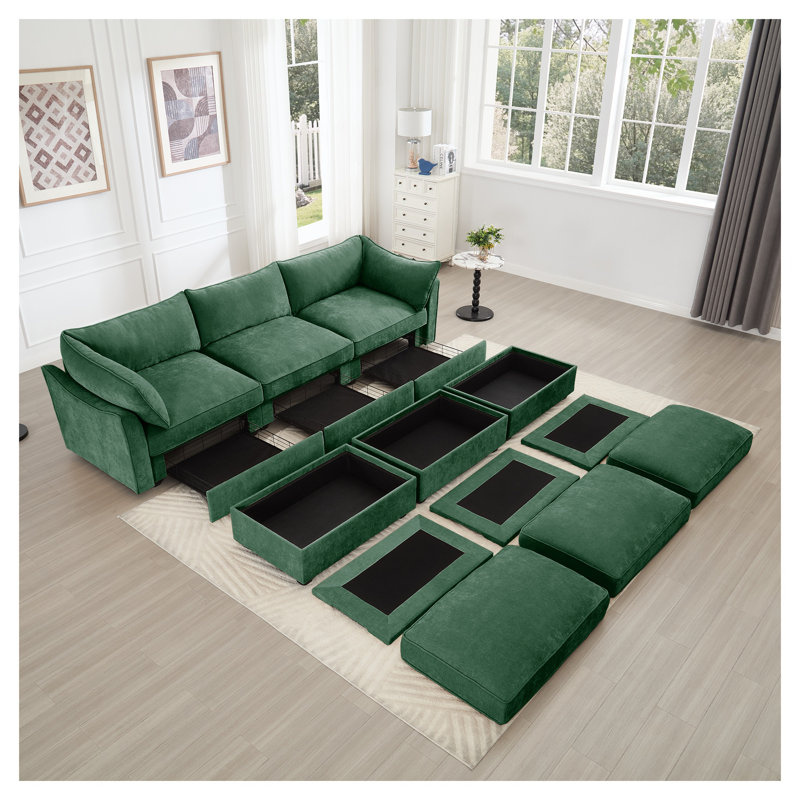 Canapé modulaire en chenille vert avec tiroirs de rangement et repose-pieds - Mobilier de salon large et profond