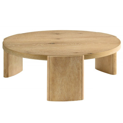Table ronde contemporaine en bois massif 2 pièces pour le salon, la table basse et le côté en bois flotté naturel, avec de larges pieds arrondis arrondis, fabriquée à partir de placage de chêne d'hévéa moderne