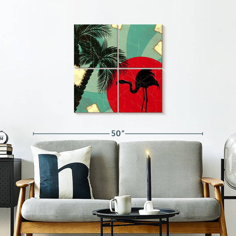 Flamant rose et palmier Brampt, H 26 po x l 26 po
