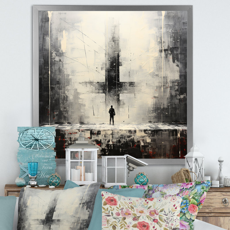 «Minimalisme noir et blanc posture de yoga I», reproduction sur toile, Cadre simple argenté, H 36 po x l 36 po x P 1,5 po
