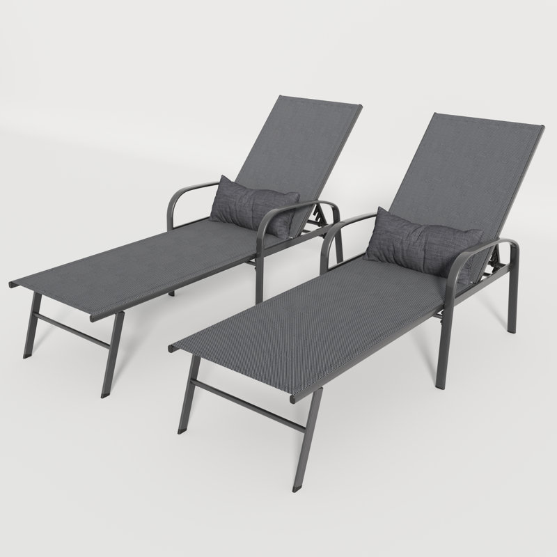 Gray Color Patio Recliner Lounge - Steel Frame, Rustproof Coating, Fabric, Lumbar Support 2 Pieces Outdoor In With Pillow Strong Construction, Rust Proof Adjustable Angles