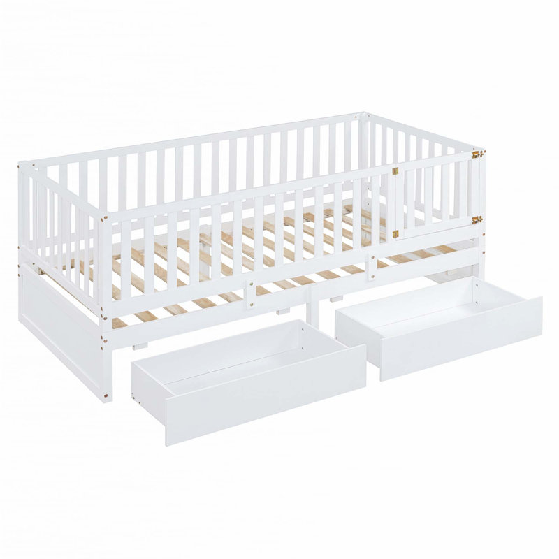 Daybed with Fence Guardrails and 2 Drawers, Twin, White