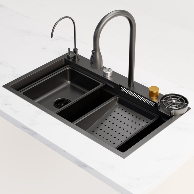 3Starz 33 X 22 Inch Black Nano Kitchen Sink, Single Bowl Workstation With Pull-Down Faucet Complete Set With Multifunctional Accessories & Waterfall Spout