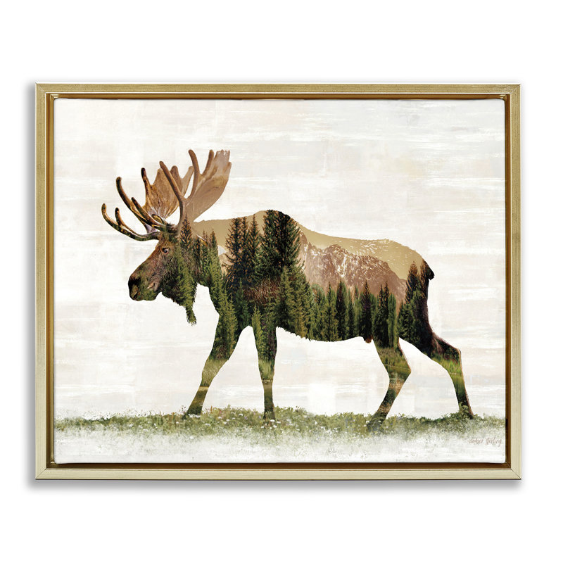 "Forest Forest Moose", art mural encadré par Amber Sterling, Cadre flottant métallique doré, H 25 po x l 31 po
