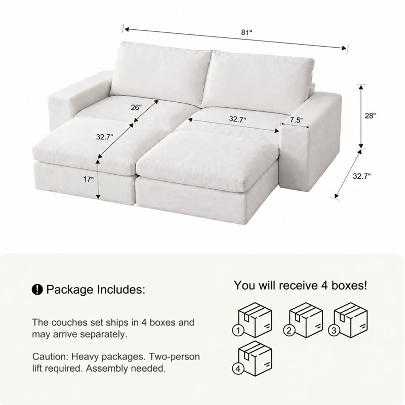 Causeuse modulaire 81,1 po, causeuse modulaire confortable, 2 sièges profonds et 2 repose-pieds avec rangement