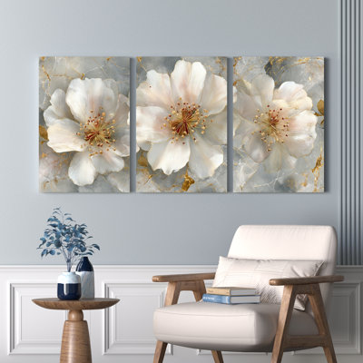 Ensemble de 3 tableaux muraux sur toile tendue, motif floral de fleurs de cerisier blanches, pour la décoration du salon et de la chambre.