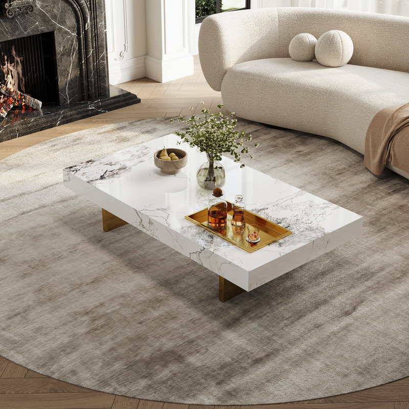 Table basse rectangulaire moderne de 51,19 po avec plateau en marbre lustré, 1 plateau en acier inoxydable et support de pieds de traîneau robuste
