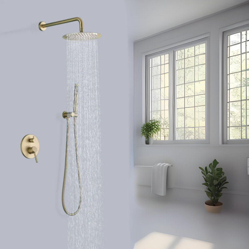 Diverter Complete Shower System with Rough in-Valve, Brushed Gold