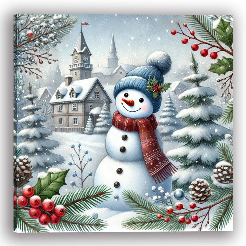 «Winter Village Snowman: A Joyful Snowy Day», art sur toile, H 40 po x l 40 po x P 1,5 po