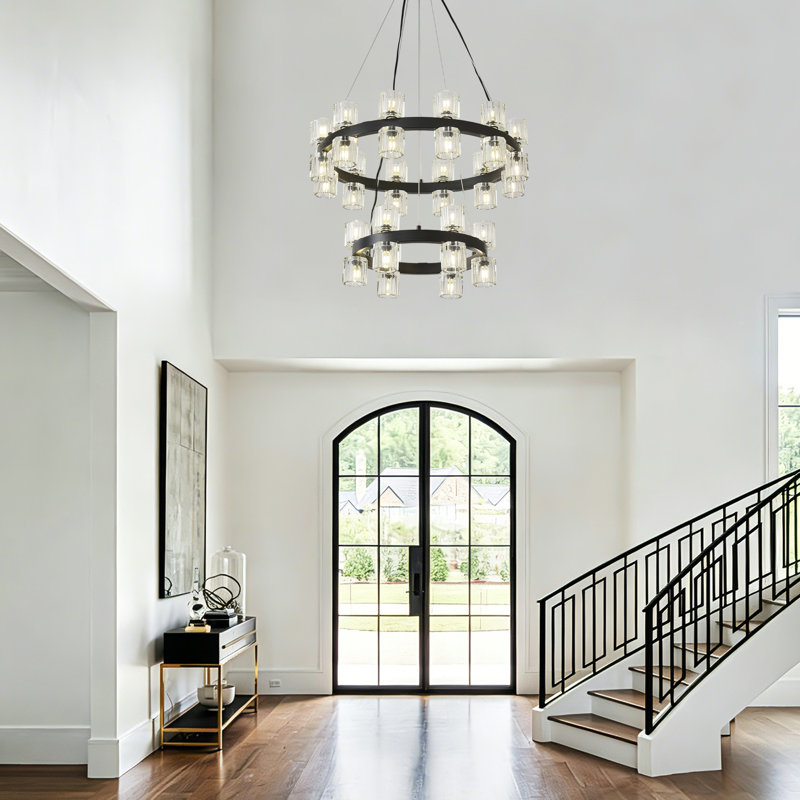 Lustre en cristal 30 lumières 2 anneaux, Noir mat