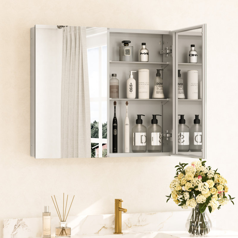 Armoire à pharmacie encastrée ou à fixation en surface sans cadre avec porte à miroir double face et tablettes réglables