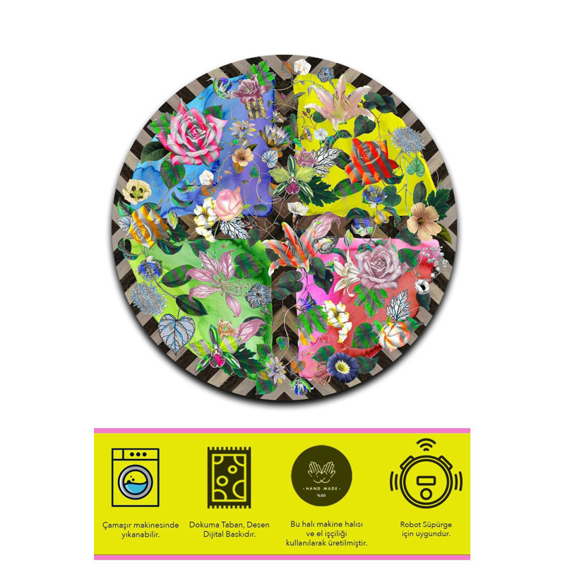 Tapis rond lavable Rose, Sous-tapis rond 2 pi 8 po inclus