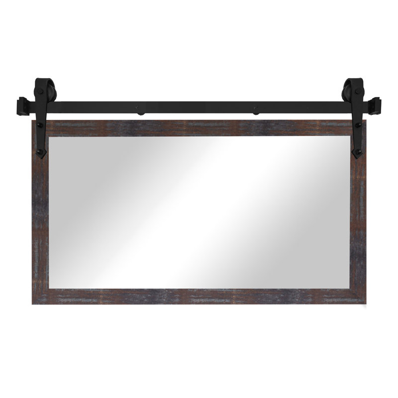 Miroir rustique moderne avec rail de porte de grange en acier, Laiton acier, 33 po x 62 po
