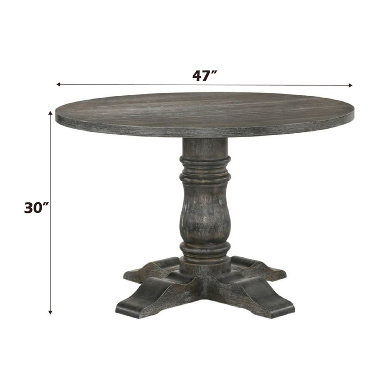 Table de salle à manger ronde au fini gris patiné, piédestal simple avec colonne Empire de 14 po, plateau en bois noué fixe en placage de chêne, 47 po x 47 po x 36 po, 99 lb, esthétique complémentaire aux plans, profondeur 47 po, largeur,