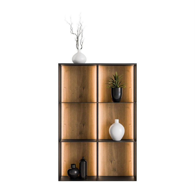 99cm H x 66cm W Metal Bookcase, Black / Artisan with LED