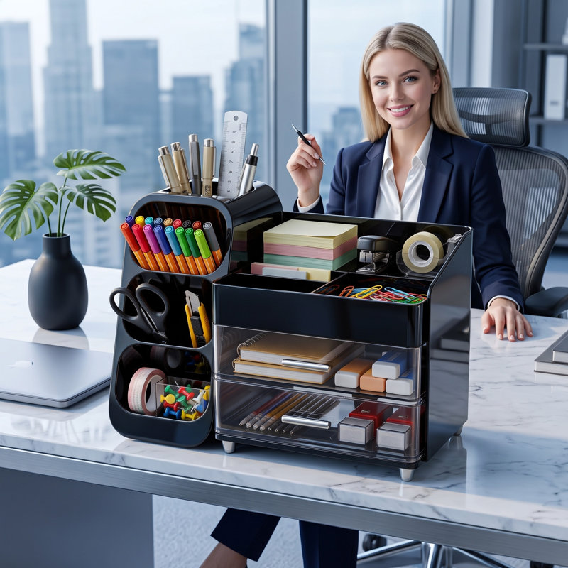 Organisateur de bureau avec porte-stylos et porte-crayons, rangement de bureau avec 2 tiroirs et 4 compartiments, organisateur de fournitures de bureau en plastique pour le bureau, la maison, l'école, noir