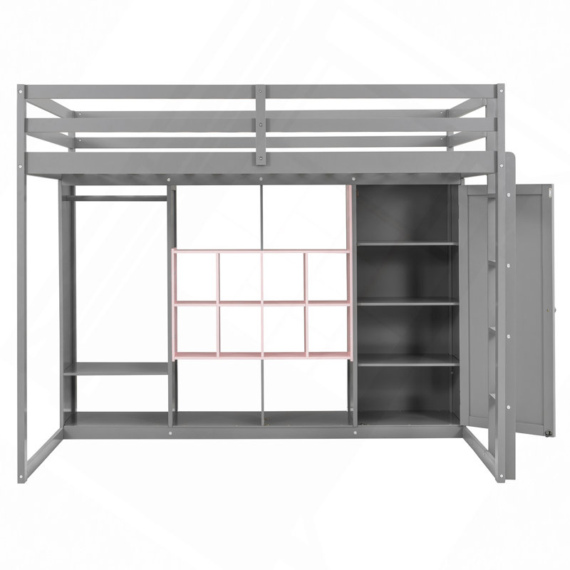 Lit mezzanine en bois avec garde-robe, tablettes et armoire, Rose / Gris, Lit double