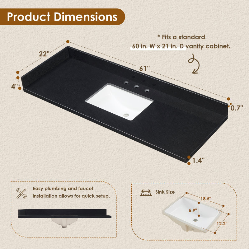 Bravon 61. Plan de toilette en granit noir Galaxy avec lavabo simple blanche, 61", Bol simple