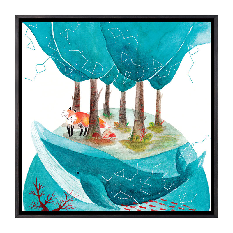 Renard et baleine II - impression, Toile avec cadre noir patiné, Pas de tapis, H 37 po x l 37 po x P 1,5 po