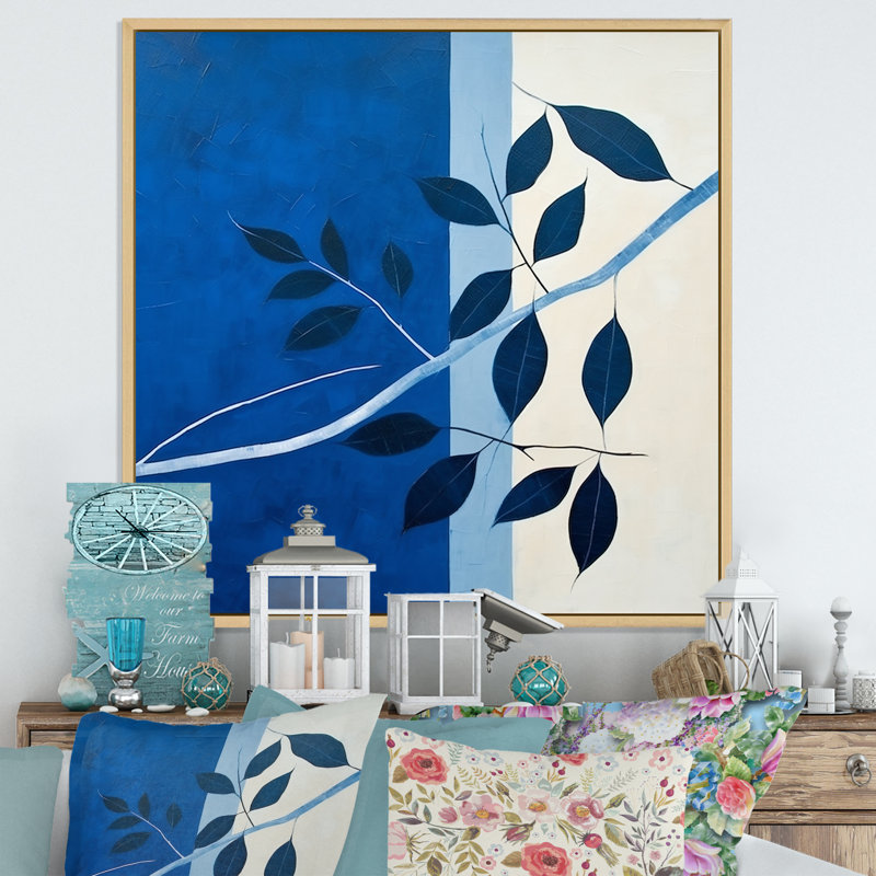 Silhouette de feuilles bleues saphir II, H 24 po x l 24 po x P 1 po, Cadre naturel flottant