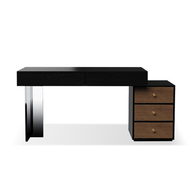 Black + Brown Rectangular Solid Wood + Acrylic desk