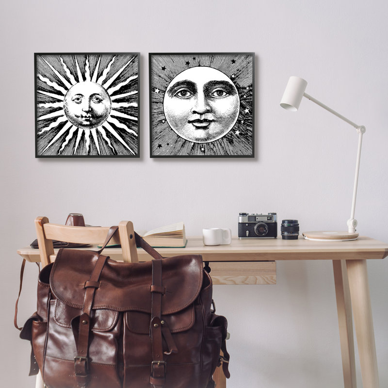 Sun and Moon faces, impression sur bois 2 pièces, H 17 po x l 34 po x P 1,5 po, Giclée encadrée noir minuit
