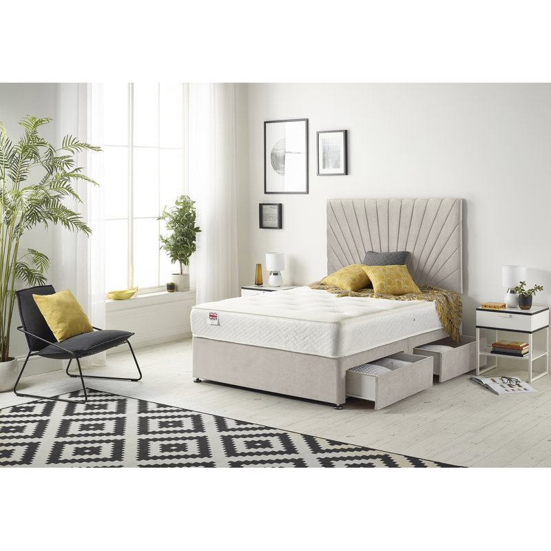 Schwerin Plush Velvet Divan Bed Set with Open coil Memory Foam Mattress No Headboard, Silver, Super King (6'), 2 Drawers