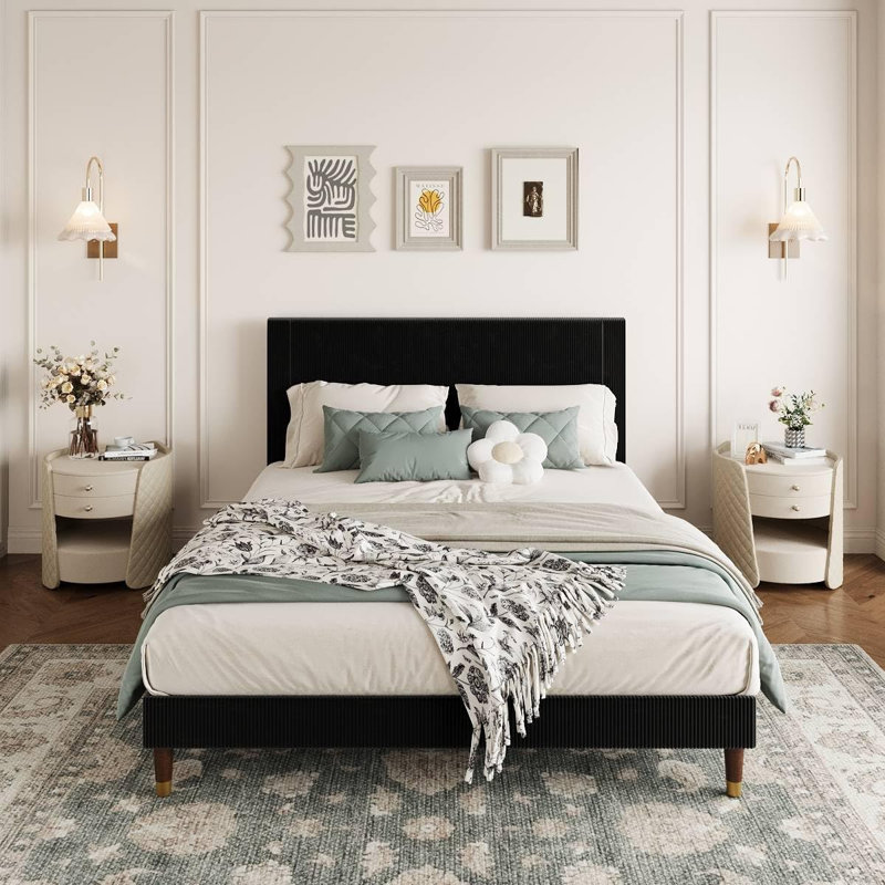 Queen Upholstered Platform Bed Frame, Fabric Headboard, Metal Frame with Wooden Slats, Modern Bedroom Use ,Black, Black