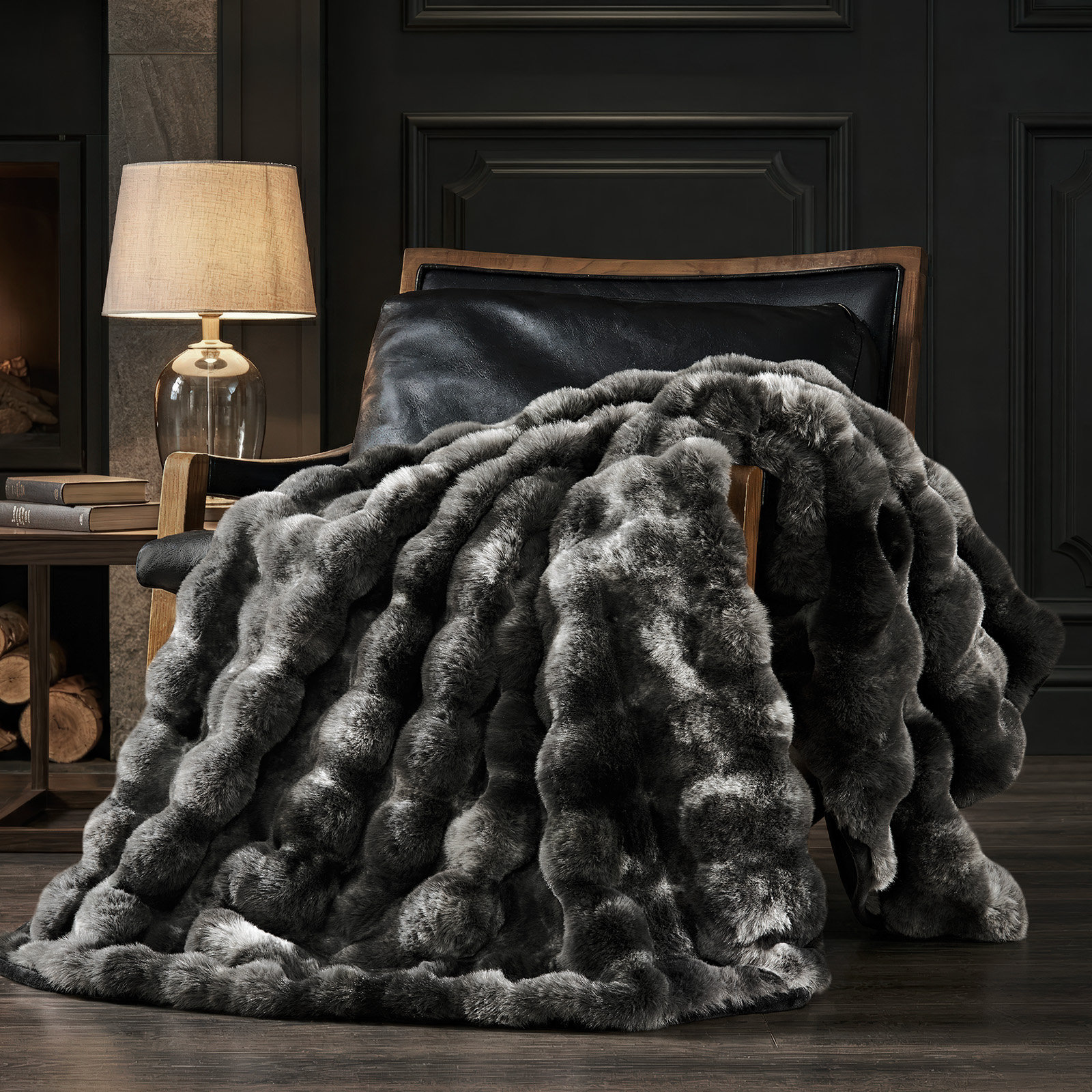 Faux Fur Weighted Throw Blanket, 60" L x 50" W, Black Marble