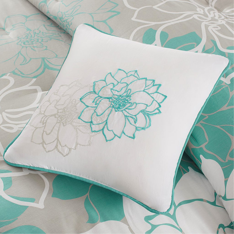 Ensemble d'édredon en satin de coton imprimé, Turquoise, Édredon simple et 5 pièces supplémentaires