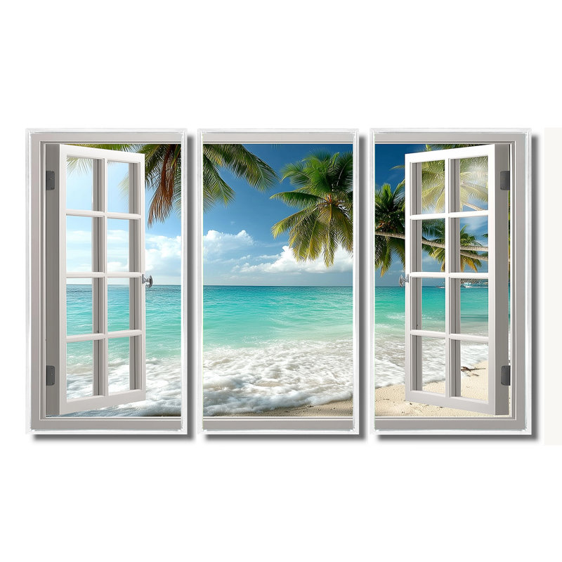 Fenêtre ouverte vue sur la plage au Mexique - ensemble d'art mural fenêtres côtières, H 40 po x l 60 po, Blanc