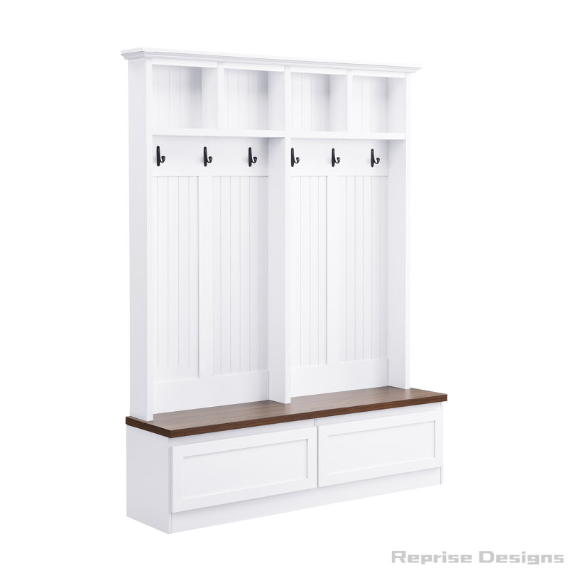 Farmhouse 4-in-1 Hall Tree with Wood Grain Bench, Mudroom Versatile Coat Rack with 2 Large Drawer, Entrance Organizer for Hallway, Living Room