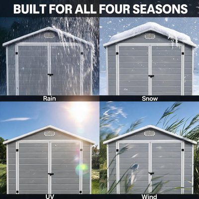 4.4 x 6 Resin Storage Shed with Floor, Outdoor Garden Tool Shed with Lockable Door & Window, Weatherproof Plastic Storage for Backyard Patio Lawn, Gra