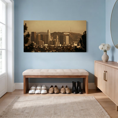 Los Angeles Cityscape Hollywood Sign Sepia Tone Canvas Wrapped Wall Art Set Of 1