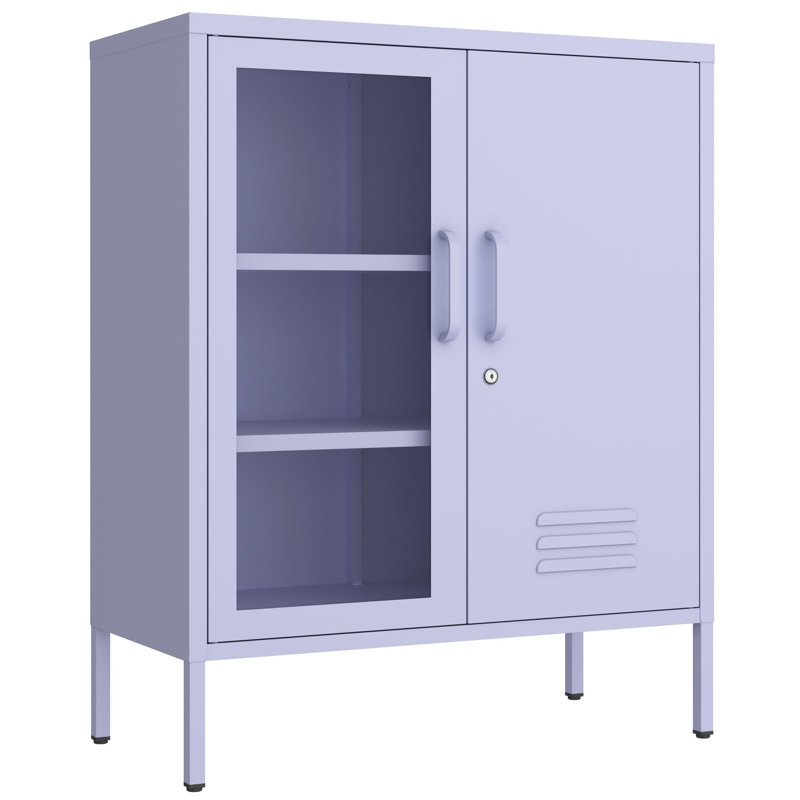 Multipurpose Lockable Storage Cabinet with Glass and Metal Doors, 3-Tier Organizer with 2 Adjustable Shelves, for Home Garage Living Room School