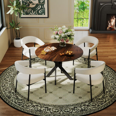 Ensemble de table de salle à manger ronde en bois avec fauteuil, table de cuisine avec base à piédestal et chaises en chenille pour petits espaces