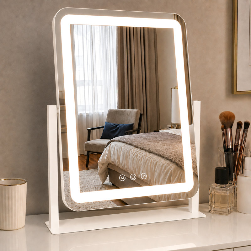 Rectangle LED Bedroom Mirror with Adjustable Lights, 360° Rotation, Rounded Edge