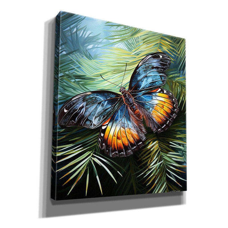 «Epic Graffiti», papillon bleu et jaune parmi les pins 2 »par Momart, art mural sur toile, 26 po x 30 po, H 30 po x l 26 po