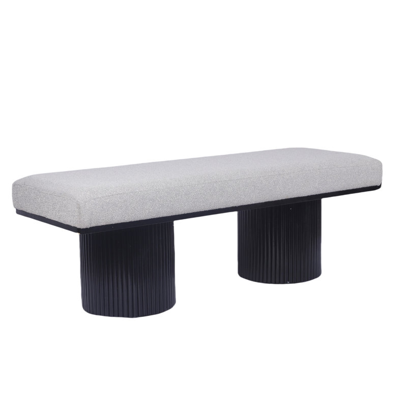 Black Chunky Legs Upholstered Bench With Soft Grey Boucle Fabric - Bedroom And Living Room Delight Strong, Black