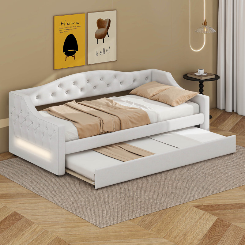 Lit de jour tapissier simple TG avec ceinture et lit gigogne, Beige