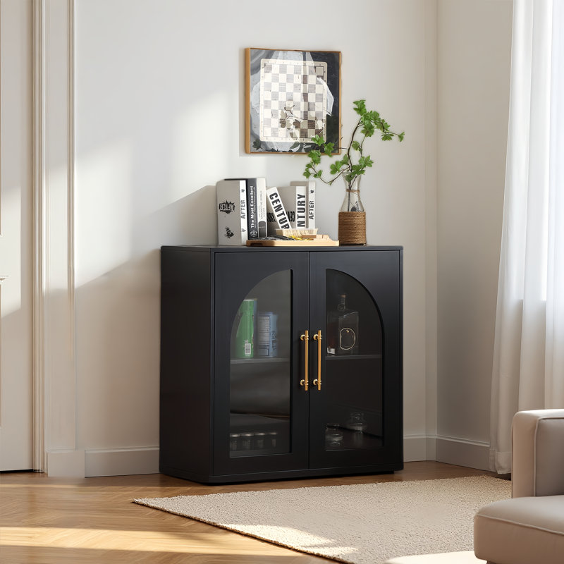 Modern Natural Buffet Sideboard, 31.5" Wide With 2 Arched Glass Doors & 2 Adjustable Shelves, Storage Cabinet For Living Room, Kitchen & Dining Room(black)